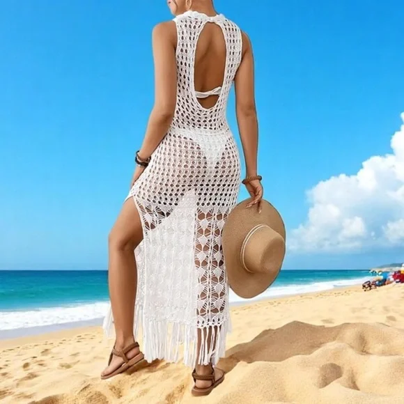 Boho White Fringe Crochet Cover Up - Picture 4 of 8